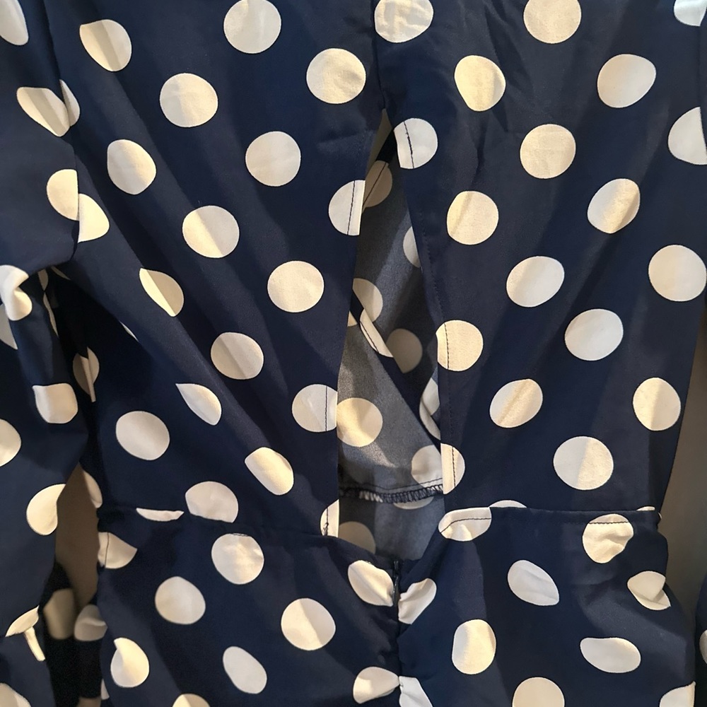 Blue & White Polka Dot Ruffled Dress with Ruching - Picture 8 of 11